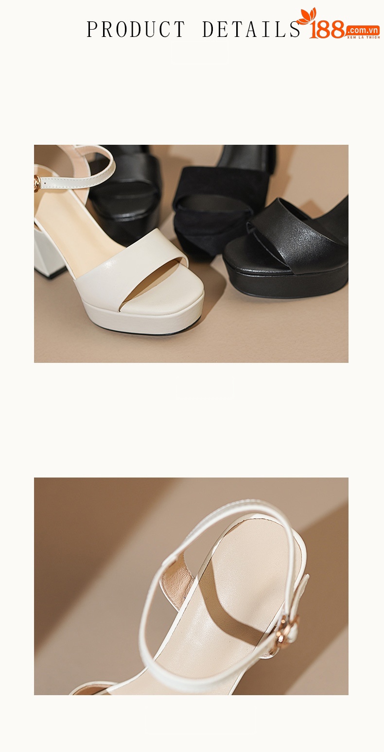 Sandal cao gót nữ hở mũi quai ngang khóa gót 9 cm — Da bò trắng gạo chi tiết 8