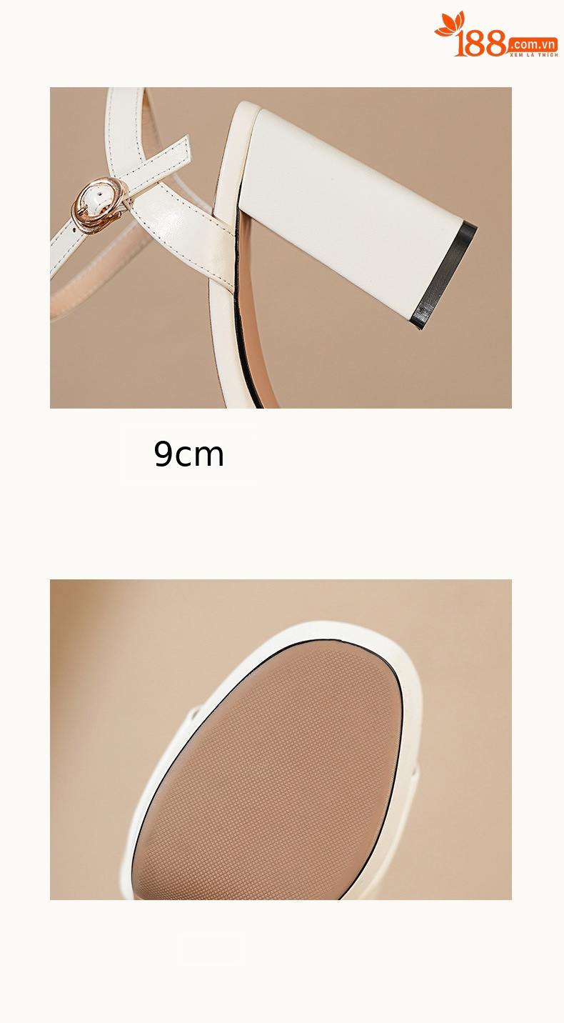 Sandal cao gót nữ hở mũi quai ngang khóa gót 9 cm — Da bò trắng gạo chi tiết 9