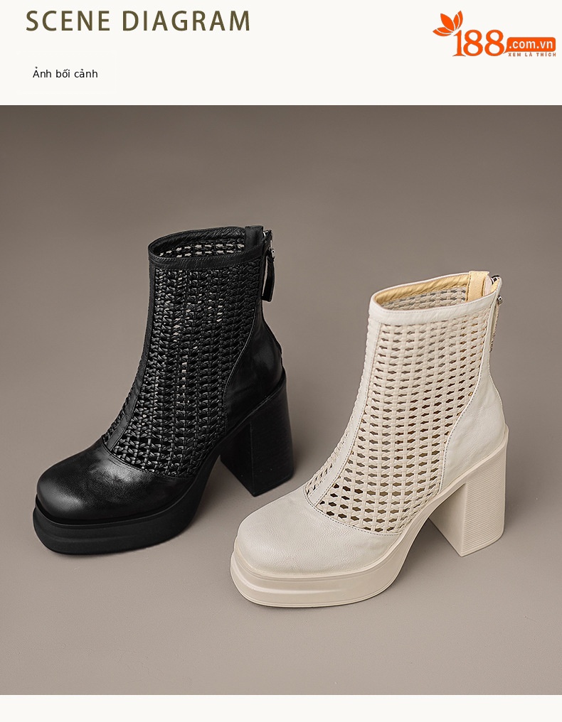 Boot lưới nữ da thật cổ thấp gót vuông 9 cm đi hè — màu đen, màu trắng ngà chi tiết 11