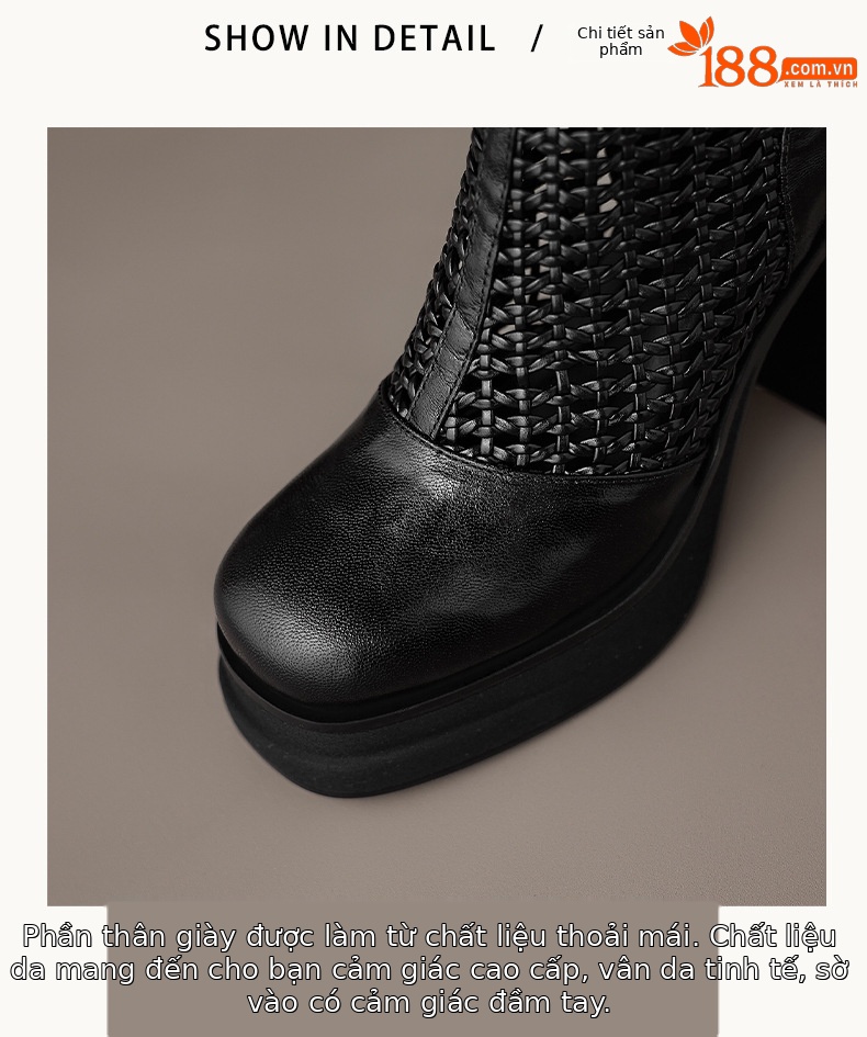 Boot lưới nữ da thật cổ thấp gót vuông 9 cm đi hè — màu đen, màu trắng ngà chi tiết 14