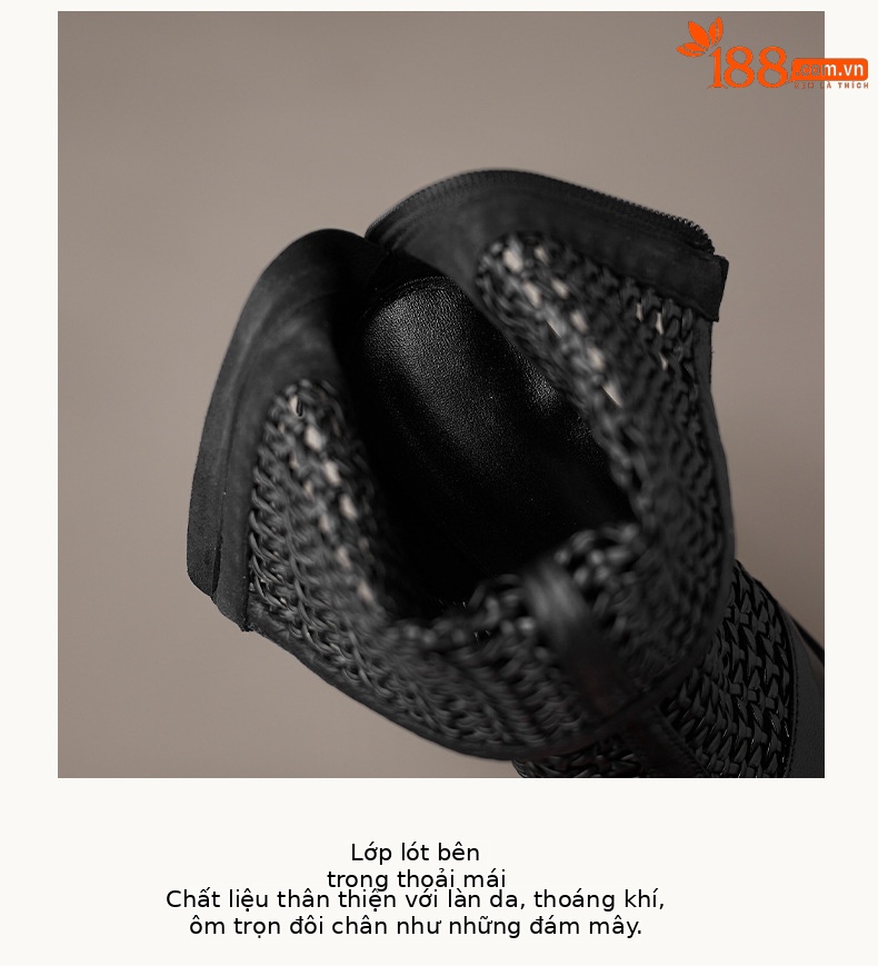 Boot lưới nữ da thật cổ thấp gót vuông 9 cm đi hè — màu đen, màu trắng ngà chi tiết 17
