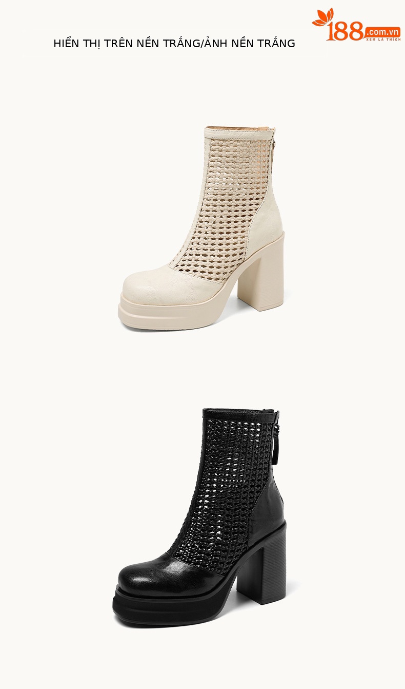 Boot lưới nữ da thật cổ thấp gót vuông 9 cm đi hè — màu đen, màu trắng ngà chi tiết 18