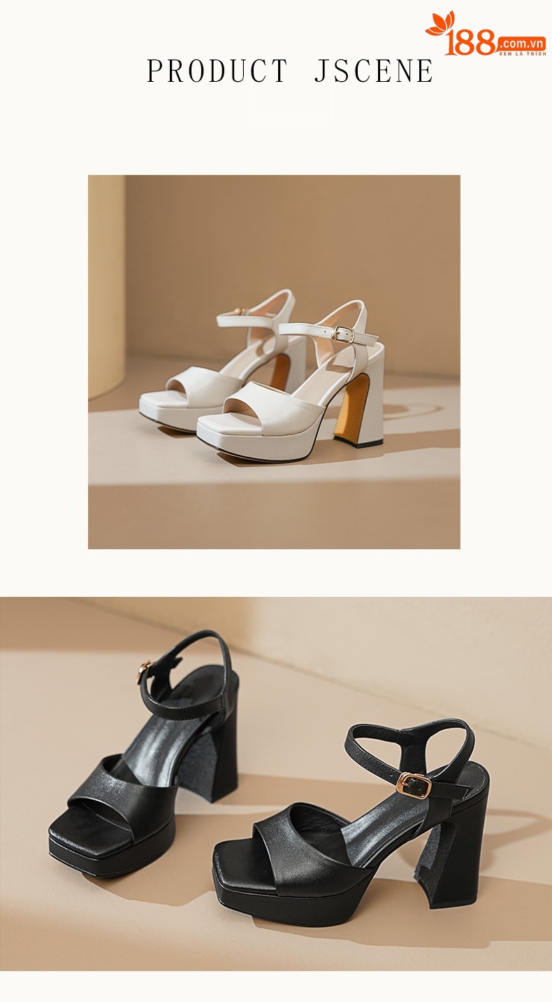 Sandal cao gót nữ hở mũi quai ngang khóa, gót 10.5 cm — Da bò trắng gạo chi tiết 4