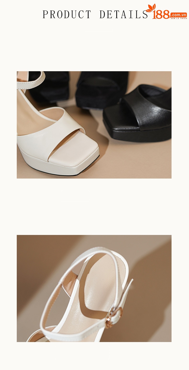 Sandal cao gót nữ hở mũi quai ngang khóa, gót 10.5 cm — Da bò trắng gạo chi tiết 6