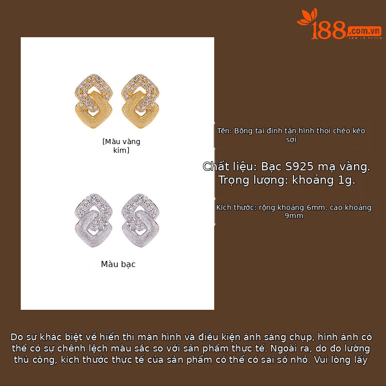 Bông tai bạc S925 mạ vàng hình vuông kim cương nhỏ gọn thanh lịch — Bạc chi tiết 1