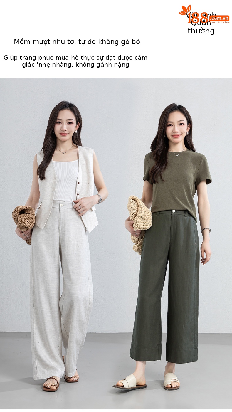 Quần culottes nữ ống rộng phong cách tối giản chất liệu lanh pha sợi thiên ti mỏng nhẹ dáng suông dài 9 phân — Chín điểm - 86193-1 Trắng chi tiết 1