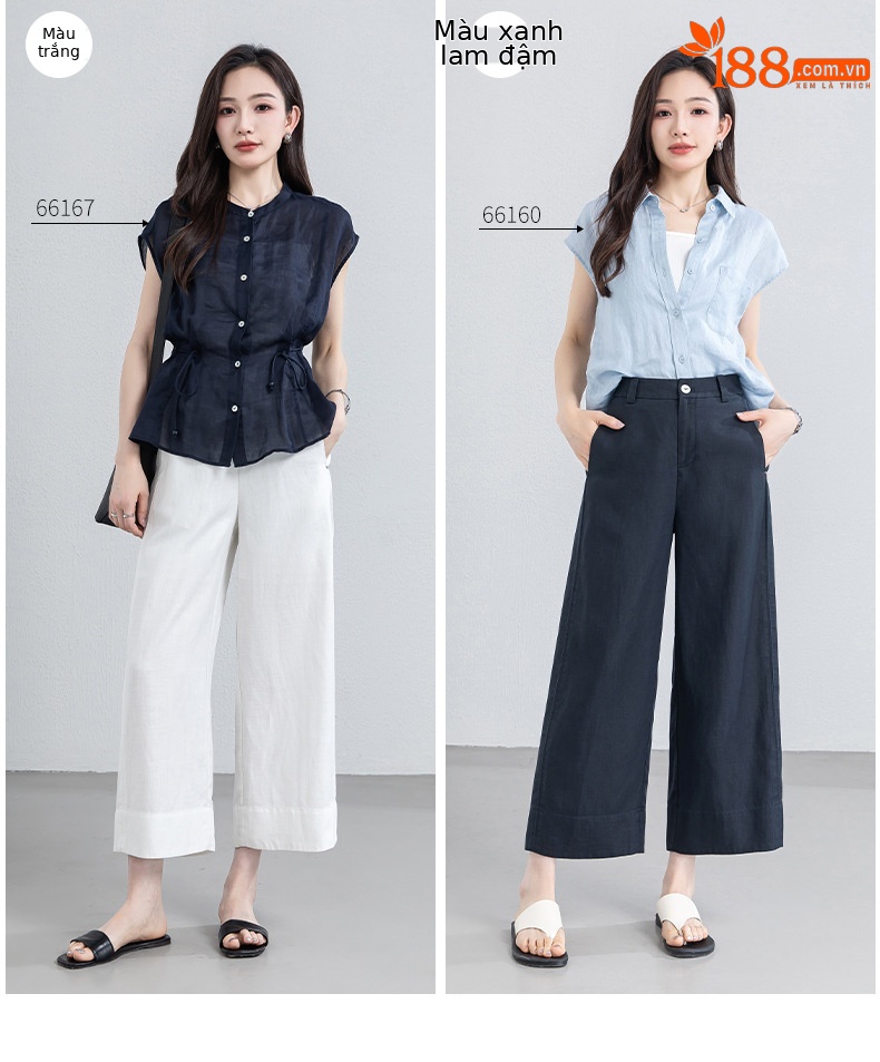 Quần culottes nữ ống rộng phong cách tối giản chất liệu lanh pha sợi thiên ti mỏng nhẹ dáng suông dài 9 phân — Chín điểm - 86193-1 Trắng chi tiết 7