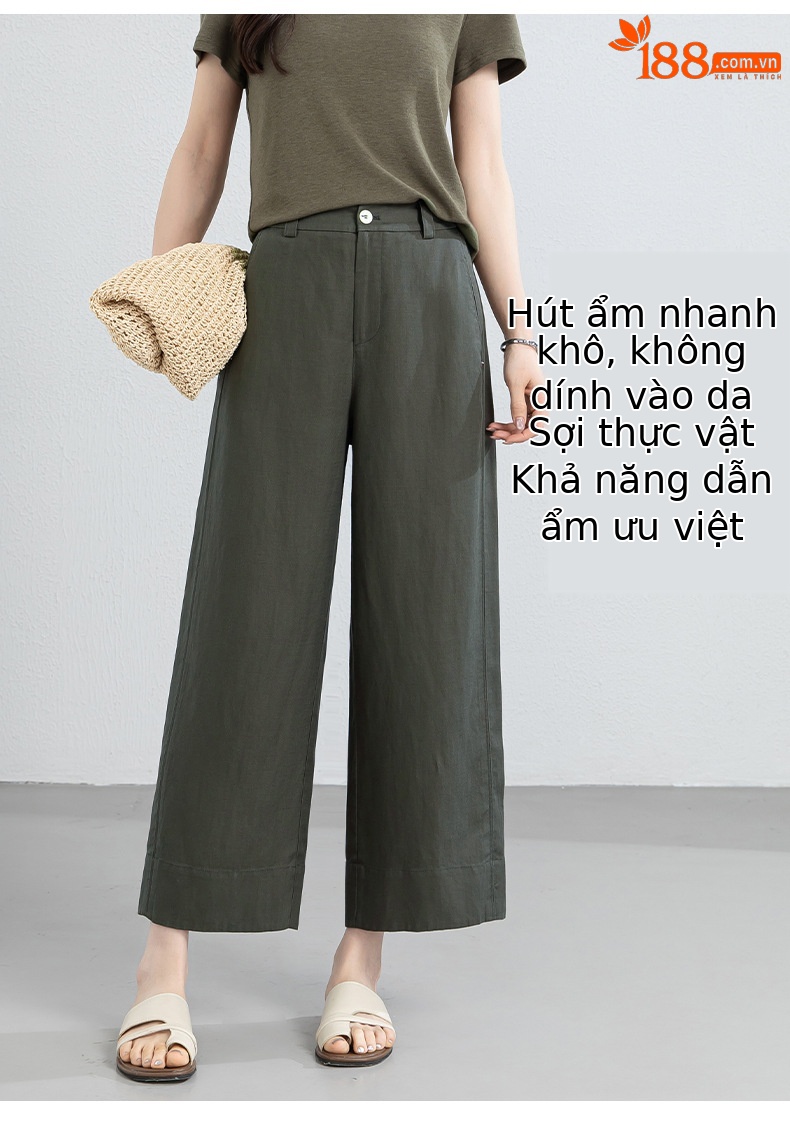 Quần culottes nữ ống rộng phong cách tối giản chất liệu lanh pha sợi thiên ti mỏng nhẹ dáng suông dài 9 phân — Chín điểm - 86193-1 Trắng chi tiết 11