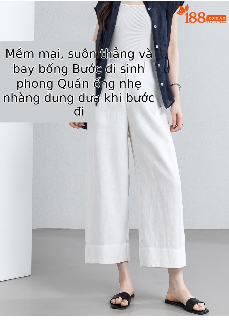 Quần culottes nữ ống rộng phong cách tối giản chất liệu lanh pha sợi thiên ti mỏng nhẹ dáng suông dài 9 phân — Chín điểm - 86193-1 Trắng chi tiết 12