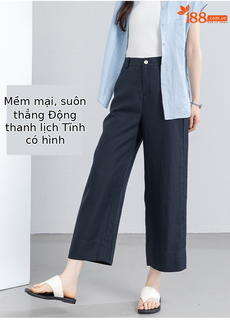 Quần culottes nữ ống rộng phong cách tối giản chất liệu lanh pha sợi thiên ti mỏng nhẹ dáng suông dài 9 phân — Chín điểm - 86193-1 Trắng chi tiết 13