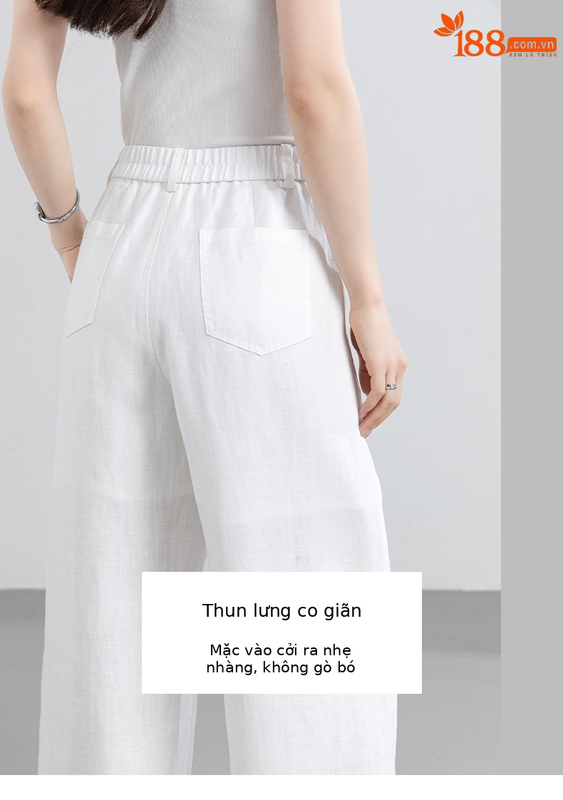 Quần culottes nữ ống rộng phong cách tối giản chất liệu lanh pha sợi thiên ti mỏng nhẹ dáng suông dài 9 phân — Chín điểm - 86193-1 Trắng chi tiết 15