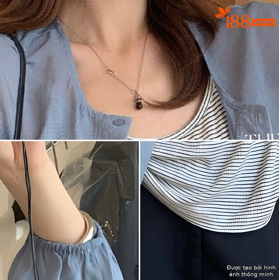 Áo chống nắng dáng dài tay ngắn kèm áo sọc trong hai mảnh nữ — xanh lam, bạc hà xanh, xanh mù tạt, màu trắng chi tiết 8