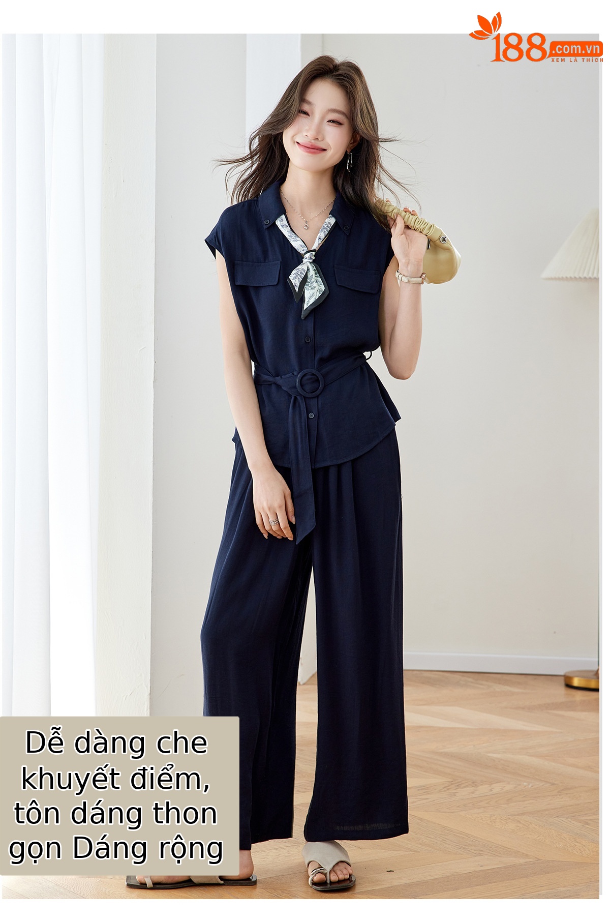Bộ quần áo không tay nữ cổ V eo thắt, quần ống rộng cạp cao hai mảnh MZ2705 — Xanh lông mòng đen, màu trắng ngà chi tiết 4