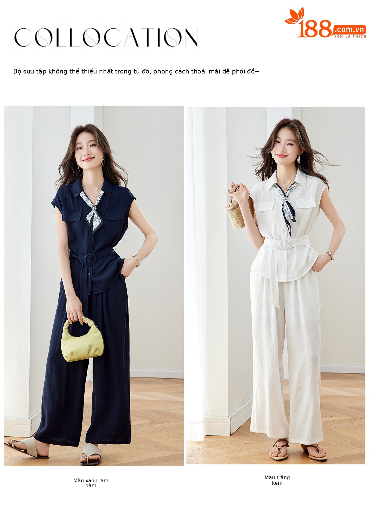 Bộ quần áo không tay nữ cổ V eo thắt, quần ống rộng cạp cao hai mảnh MZ2705 — Xanh lông mòng đen, màu trắng ngà chi tiết 5