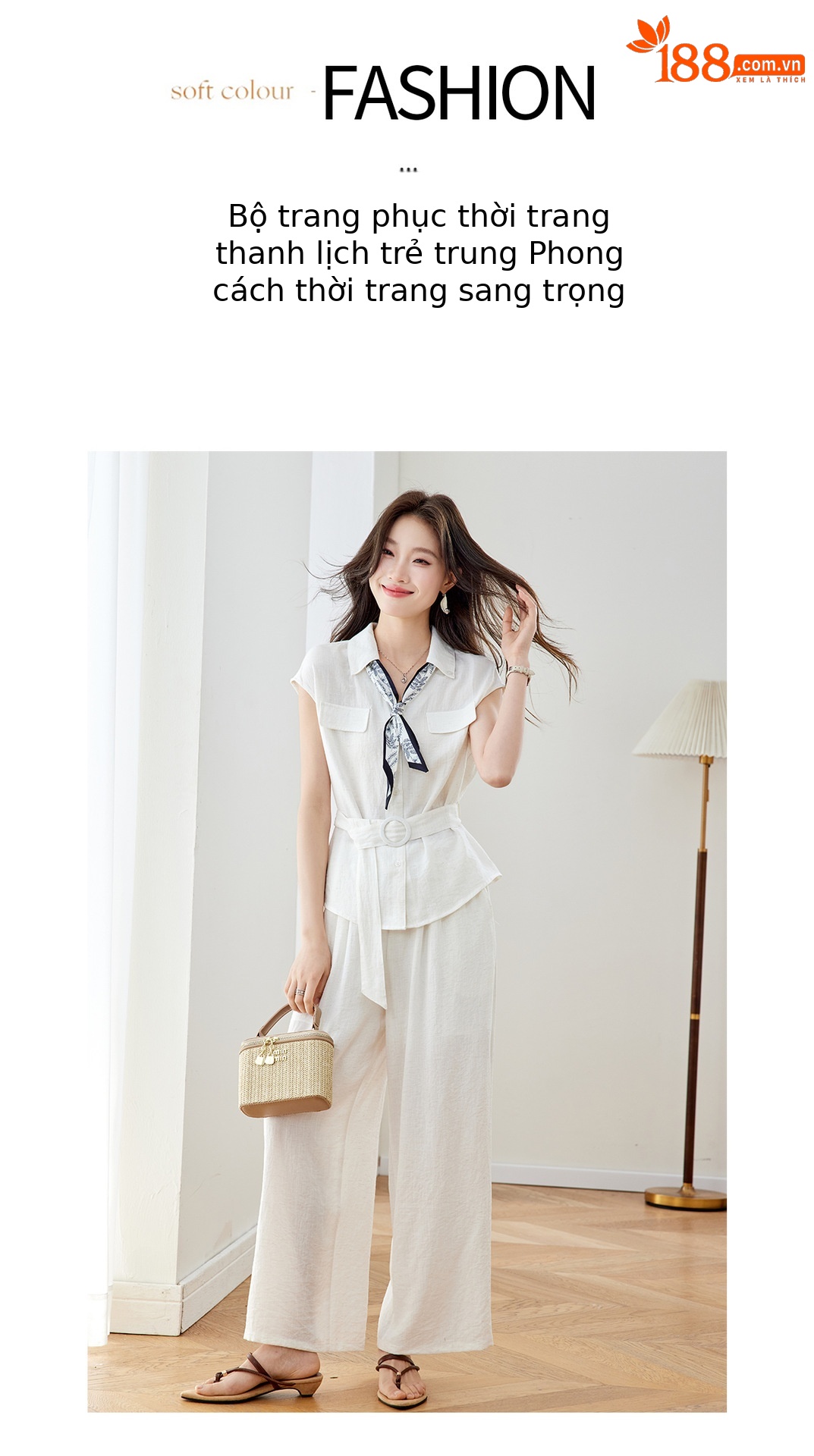 Bộ quần áo không tay nữ cổ V eo thắt, quần ống rộng cạp cao hai mảnh MZ2705 — Xanh lông mòng đen, màu trắng ngà chi tiết 6