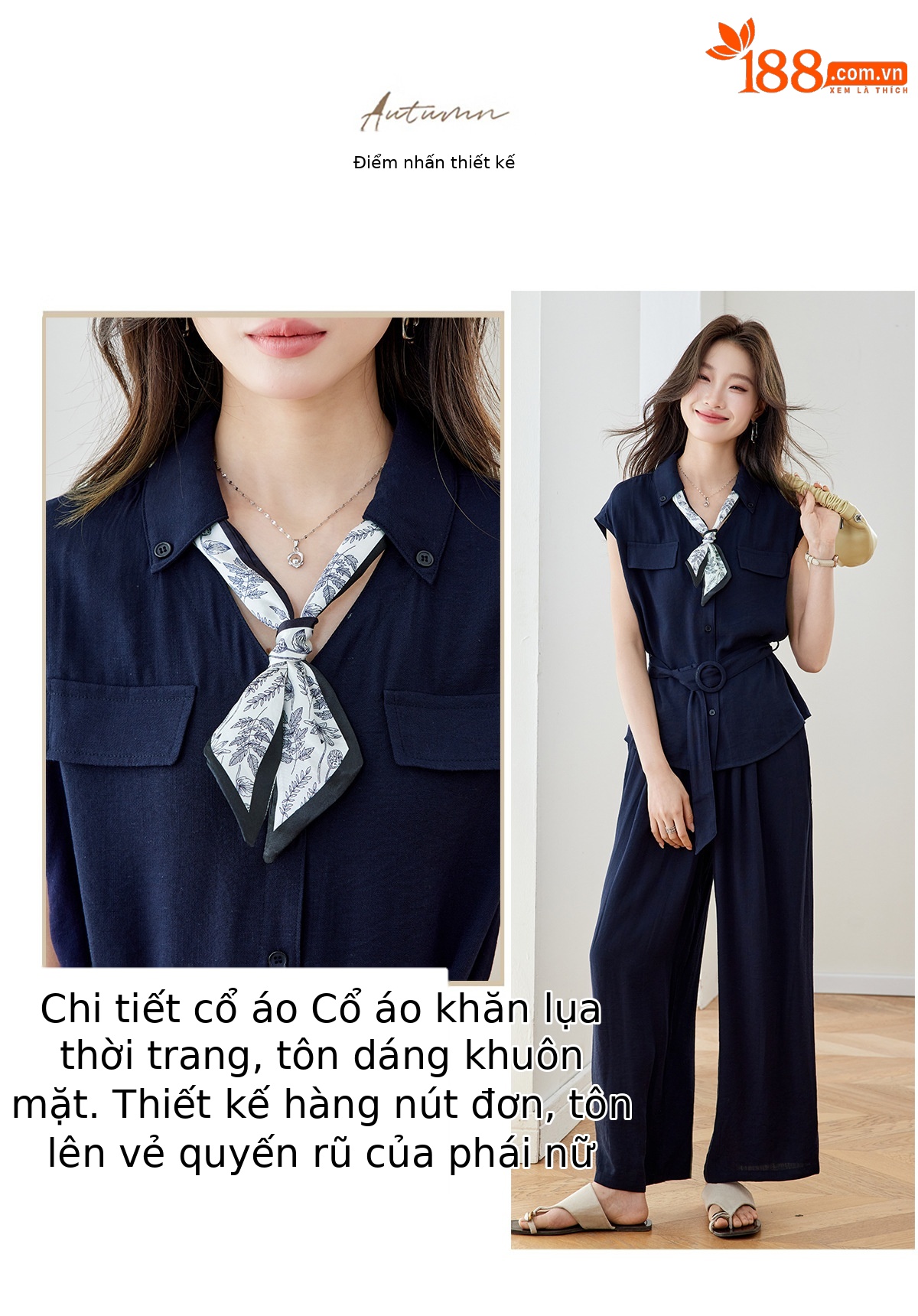 Bộ quần áo không tay nữ cổ V eo thắt, quần ống rộng cạp cao hai mảnh MZ2705 — Xanh lông mòng đen, màu trắng ngà chi tiết 7