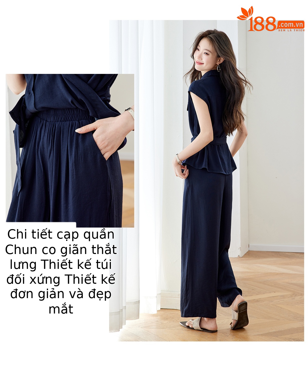 Bộ quần áo không tay nữ cổ V eo thắt, quần ống rộng cạp cao hai mảnh MZ2705 — Xanh lông mòng đen, màu trắng ngà chi tiết 9