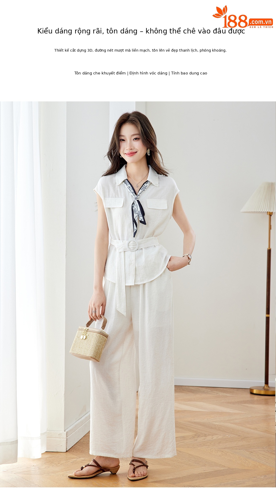 Bộ quần áo không tay nữ cổ V eo thắt, quần ống rộng cạp cao hai mảnh MZ2705 — Xanh lông mòng đen, màu trắng ngà chi tiết 10