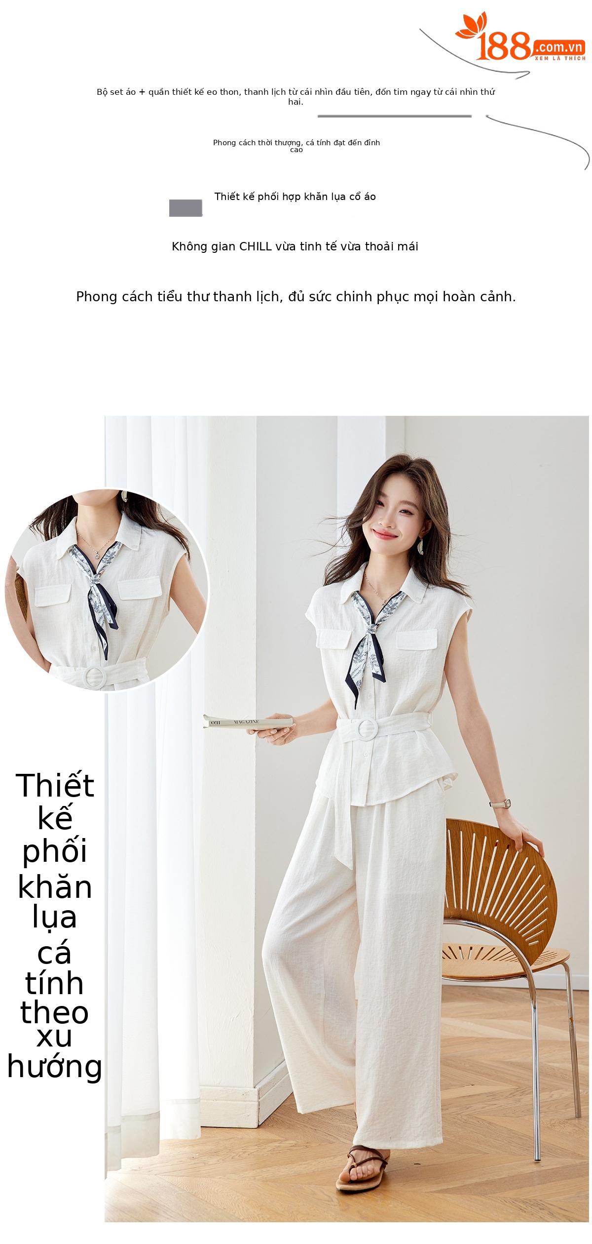 Bộ quần áo không tay nữ cổ V eo thắt, quần ống rộng cạp cao hai mảnh MZ2705 — Xanh lông mòng đen, màu trắng ngà chi tiết 2