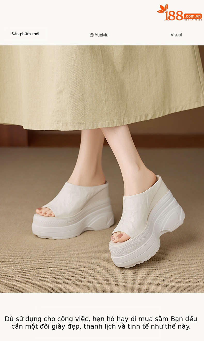 Dép sandal nữ quai chữ V đế xuồng cao gót ẩn, mũi hở, da PU chống nước — màu đen, màu trắng ngà chi tiết 1