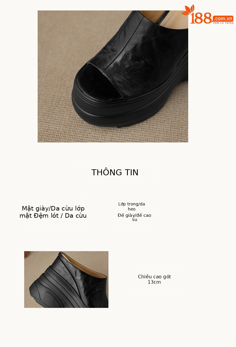 Dép sandal nữ quai chữ V đế xuồng cao gót ẩn, mũi hở, da PU chống nước — màu đen, màu trắng ngà chi tiết 2