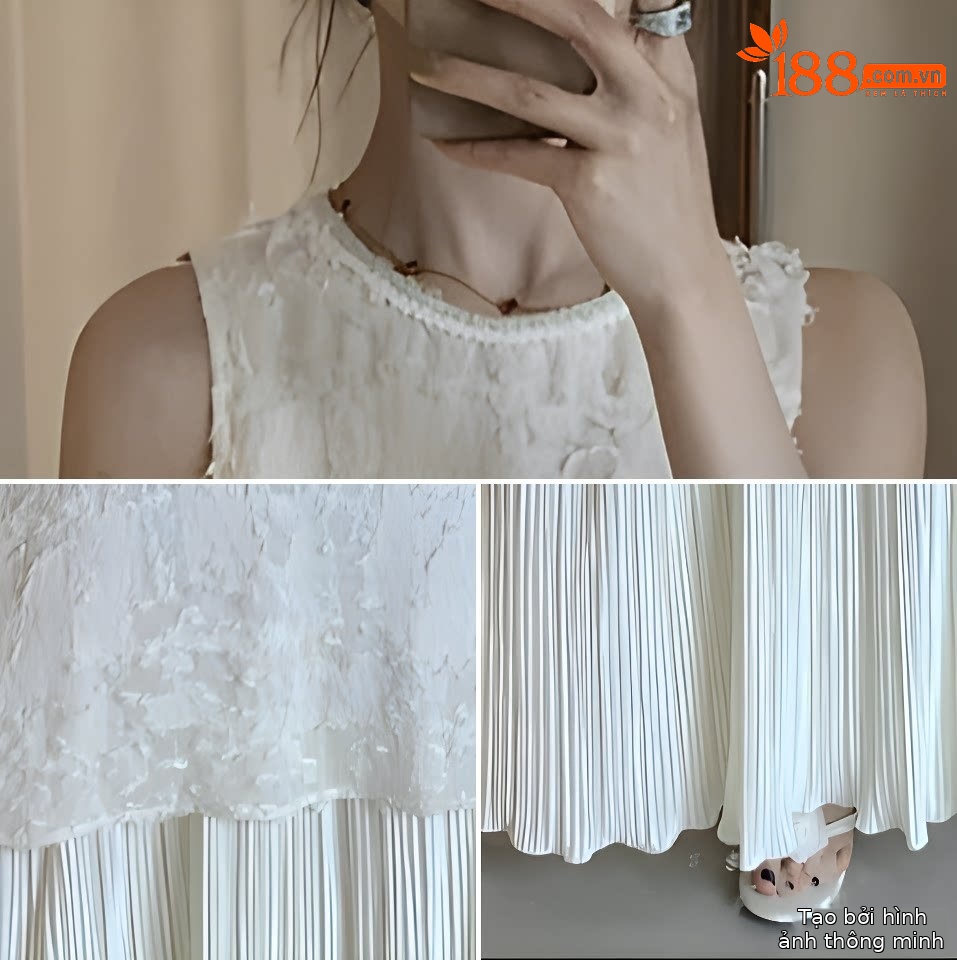 Đầm maxi nữ thắt eo cổ tròn không tay ren phối quý phái — màu đen, màu trắng chi tiết 6