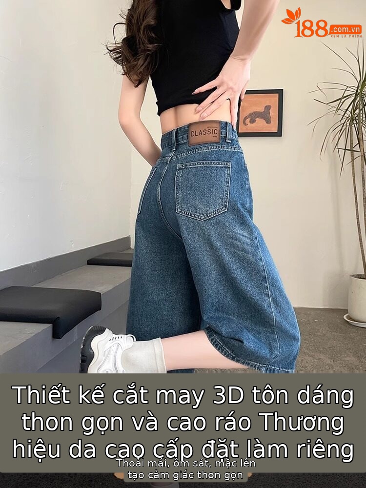 Quần short jean nữ lưng cao 5 phân kiểu Mỹ dáng suông rộng — Màu xanh - Quần lửng