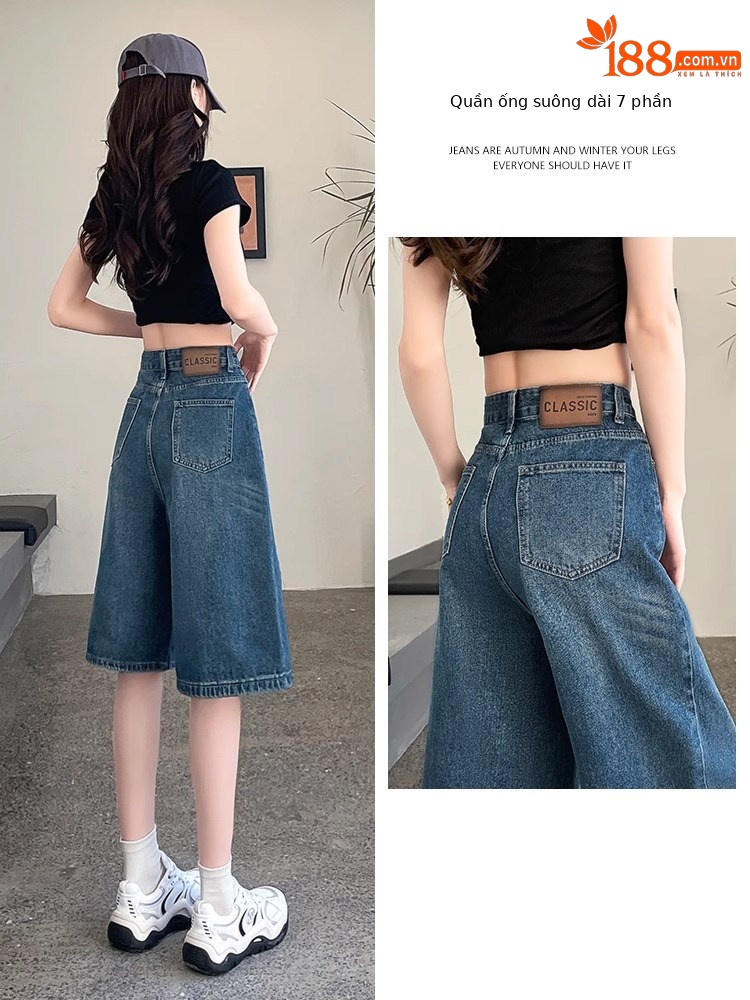 Quần short jean nữ lưng cao 5 phân kiểu Mỹ dáng suông rộng — Màu xanh - Quần lửng