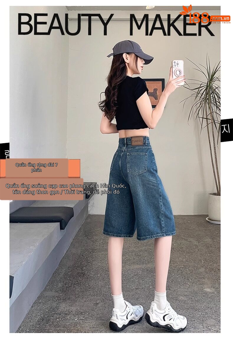 Quần short jean nữ lưng cao 5 phân kiểu Mỹ dáng suông rộng — Màu xanh - Quần lửng chi tiết 1