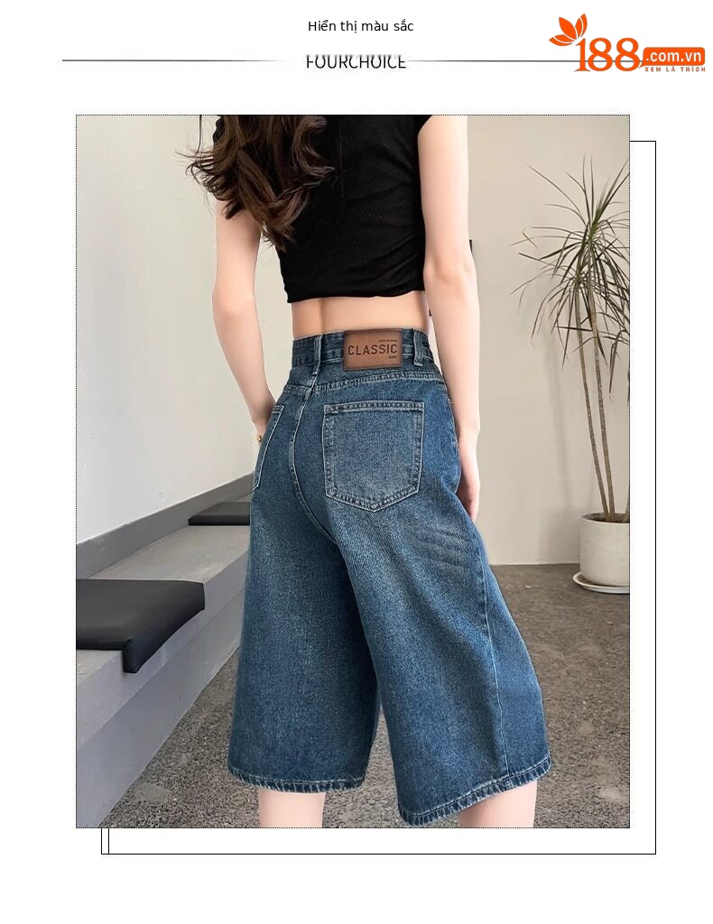 Quần short jean nữ lưng cao 5 phân kiểu Mỹ dáng suông rộng — Màu xanh - Quần lửng chi tiết 2