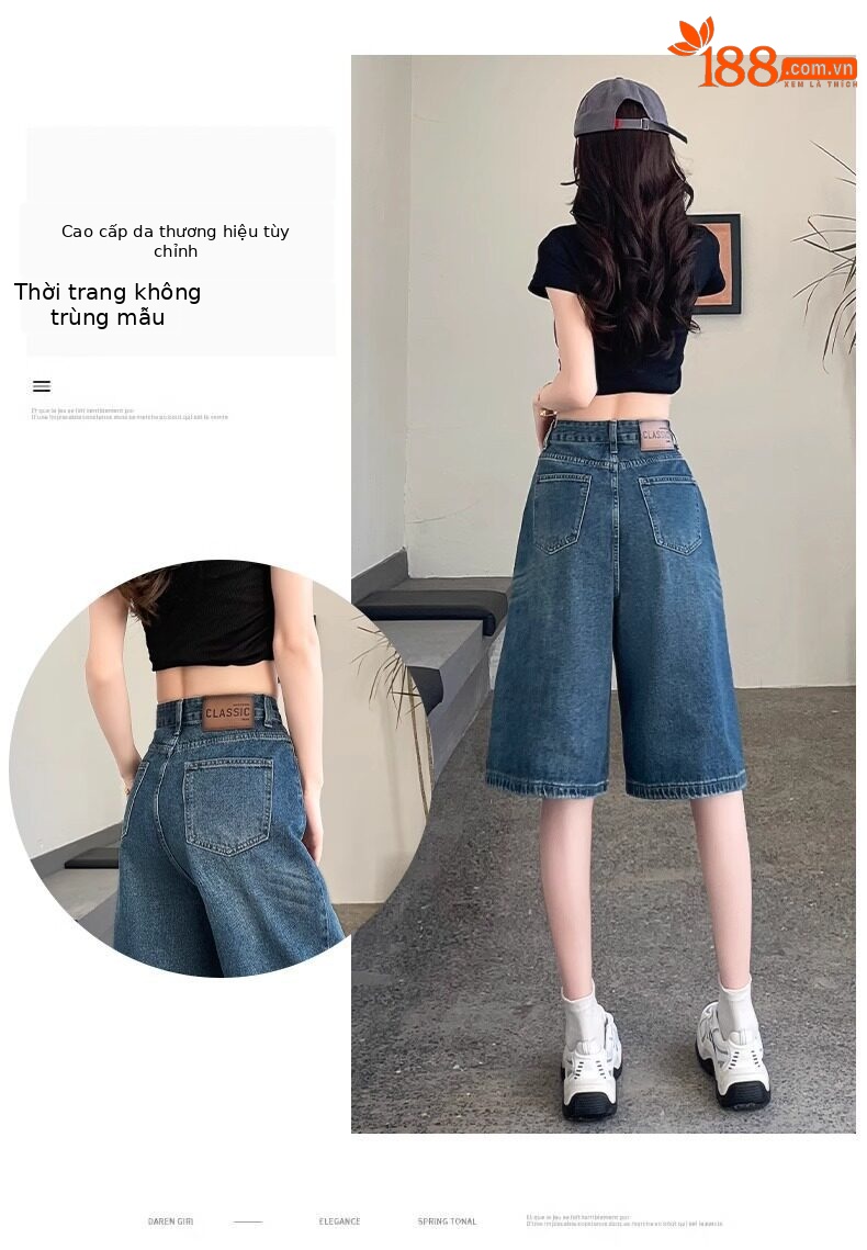 Quần short jean nữ lưng cao 5 phân kiểu Mỹ dáng suông rộng — Màu xanh - Quần lửng chi tiết 4
