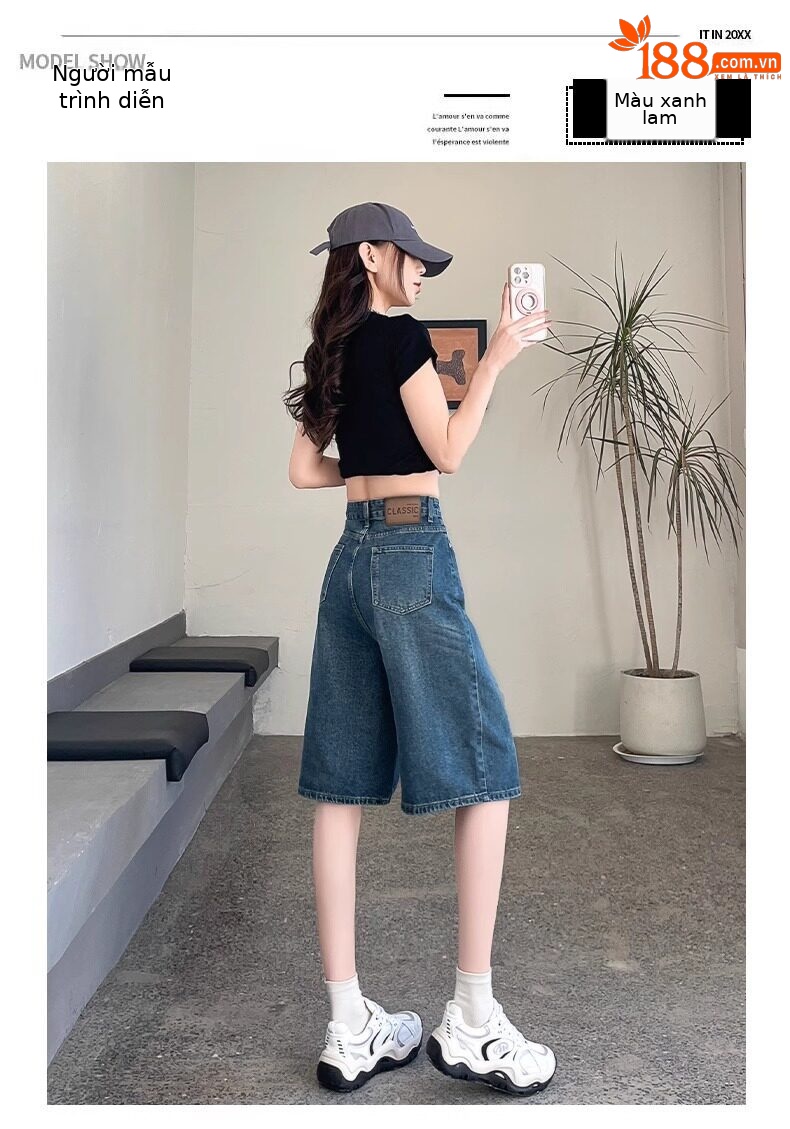 Quần short jean nữ lưng cao 5 phân kiểu Mỹ dáng suông rộng — Màu xanh - Quần lửng chi tiết 8