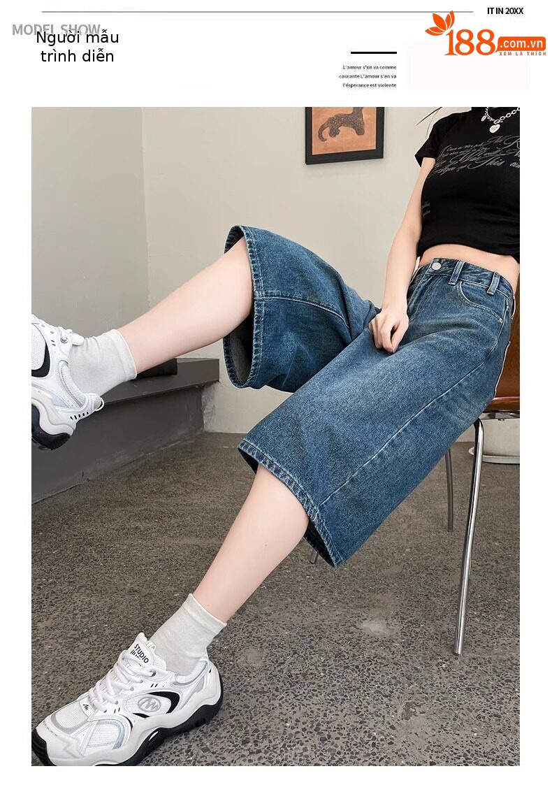 Quần short jean nữ lưng cao 5 phân kiểu Mỹ dáng suông rộng — Màu xanh - Quần lửng chi tiết 12