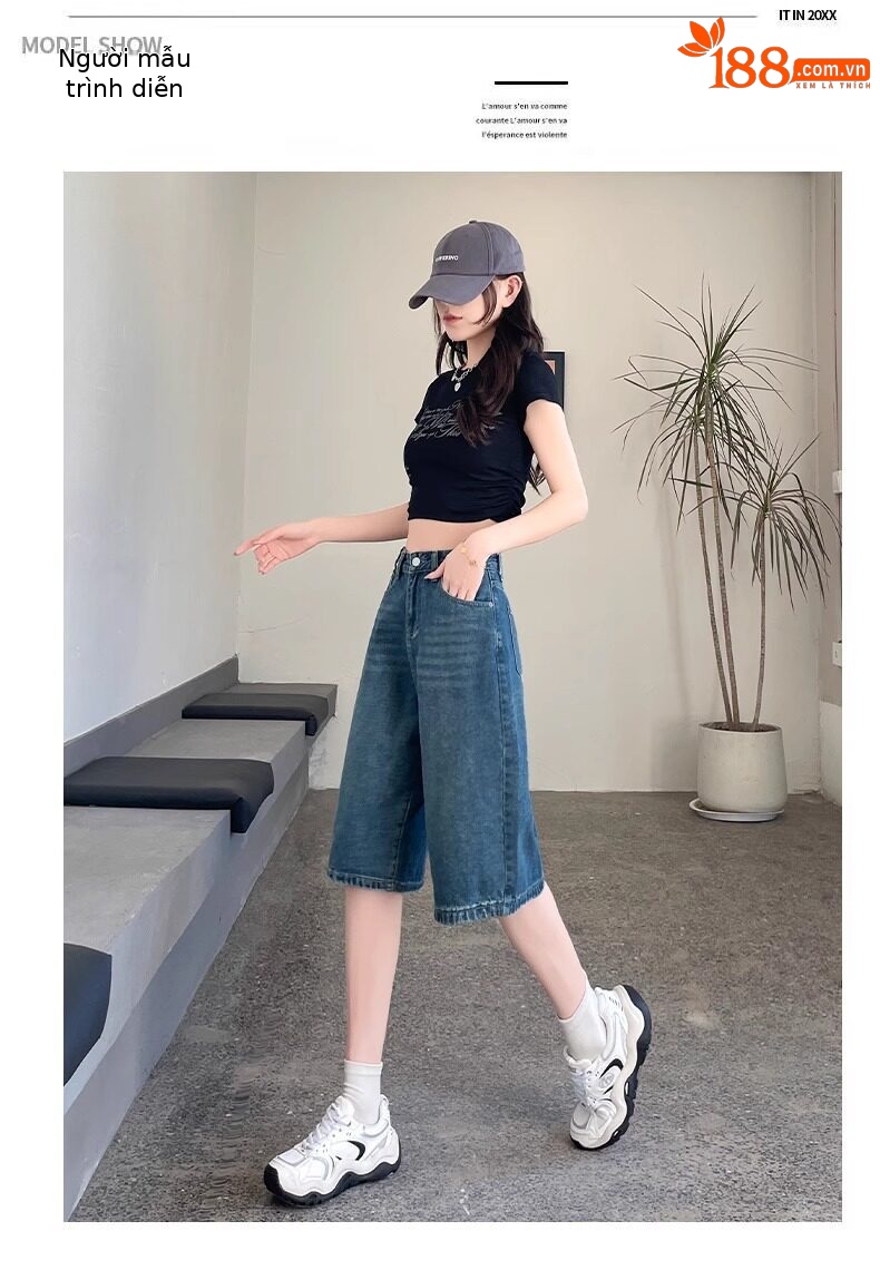 Quần short jean nữ lưng cao 5 phân kiểu Mỹ dáng suông rộng — Màu xanh - Quần lửng chi tiết 14