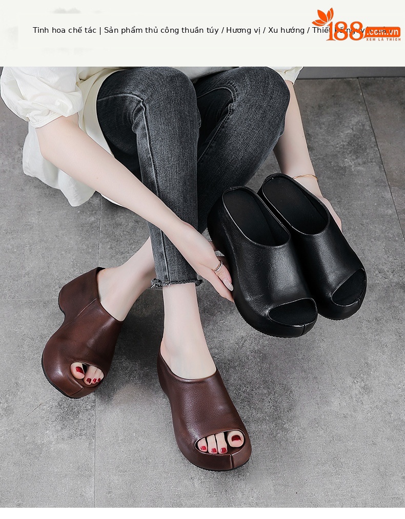 Dép sandal nữ quai chữ V đế xuồng cao gót 8 cm da bò thật — màu đen chi tiết 1