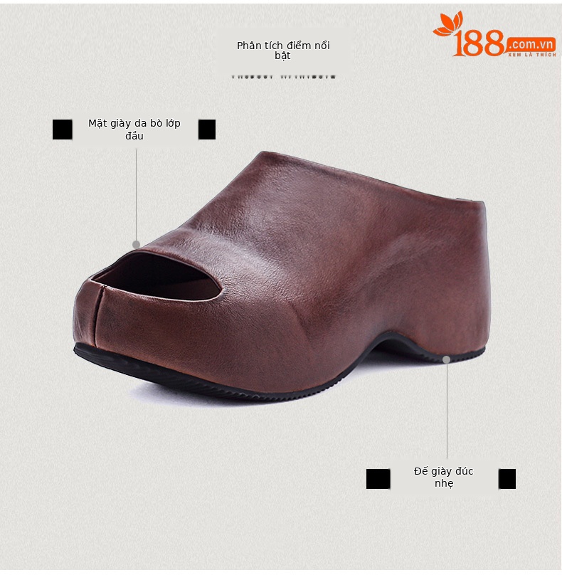 Dép sandal nữ quai chữ V đế xuồng cao gót 8 cm da bò thật — màu đen chi tiết 3