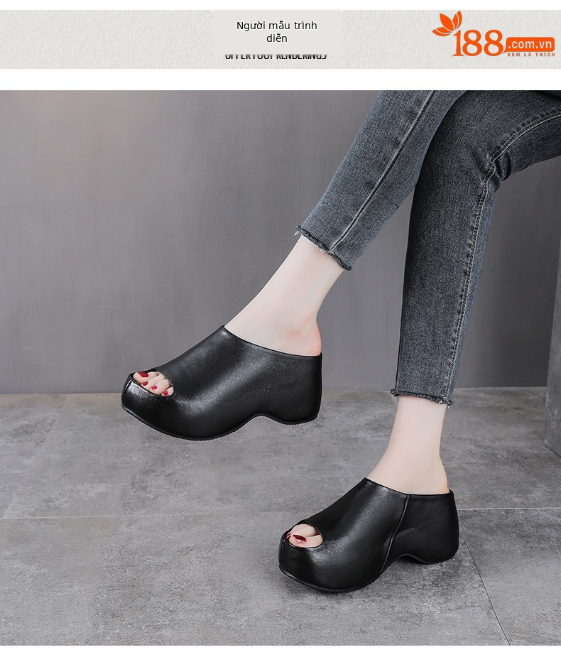 Dép sandal nữ quai chữ V đế xuồng cao gót 8 cm da bò thật — màu đen chi tiết 9