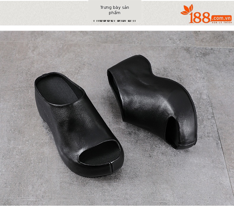 Dép sandal nữ quai chữ V đế xuồng cao gót 8 cm da bò thật — màu đen chi tiết 10