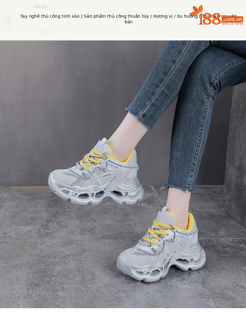 Giày sneaker nữ chunky đế dày da phối đá mesh thoáng khí — màu hồng chi tiết 1