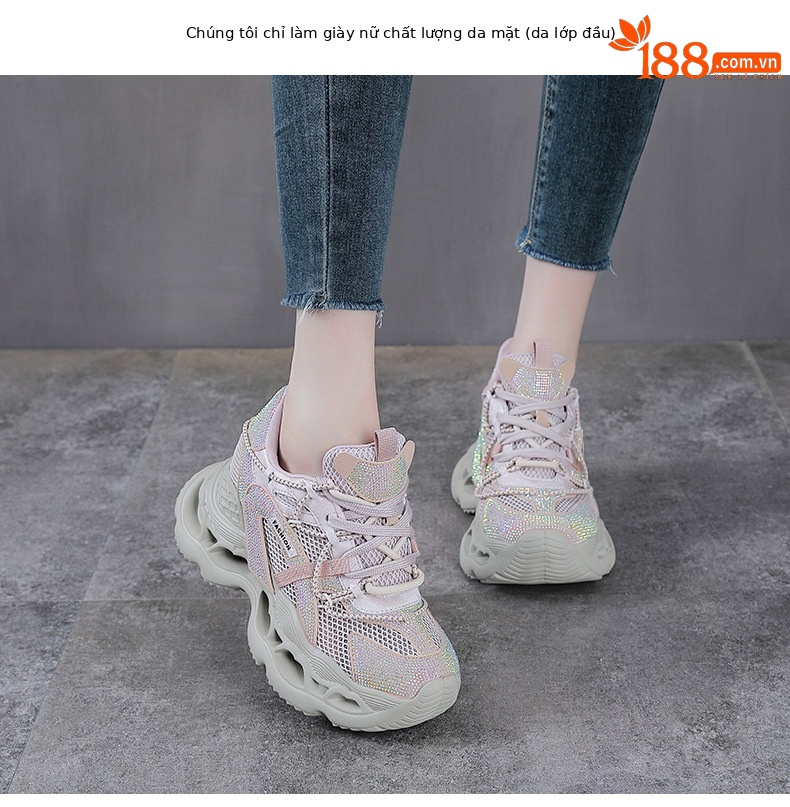 Giày sneaker nữ chunky đế dày da phối đá mesh thoáng khí — màu hồng chi tiết 2