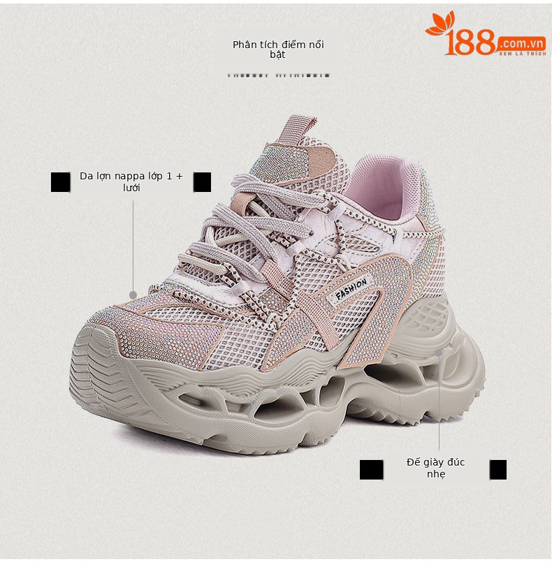 Giày sneaker nữ chunky đế dày da phối đá mesh thoáng khí — màu hồng chi tiết 3