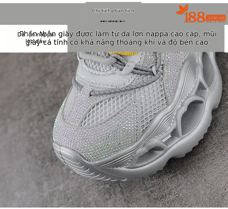 Giày sneaker nữ chunky đế dày da phối đá mesh thoáng khí — màu hồng chi tiết 4