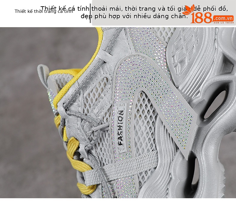 Giày sneaker nữ chunky đế dày da phối đá mesh thoáng khí — màu hồng chi tiết 5