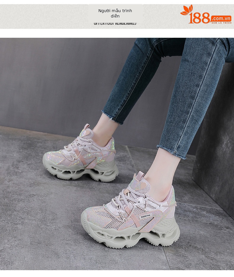 Giày sneaker nữ chunky đế dày da phối đá mesh thoáng khí — màu hồng chi tiết 9