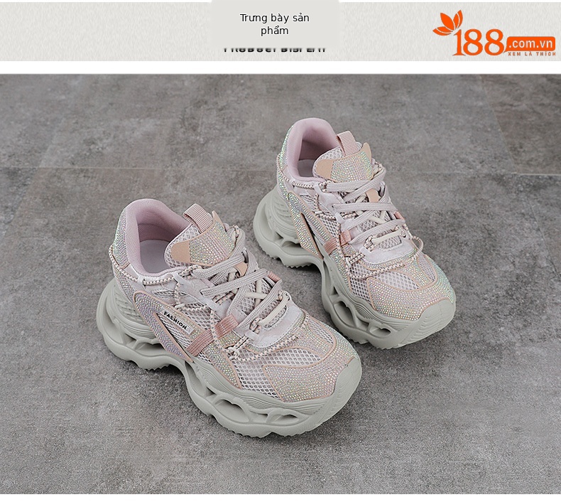 Giày sneaker nữ chunky đế dày da phối đá mesh thoáng khí — màu hồng chi tiết 10