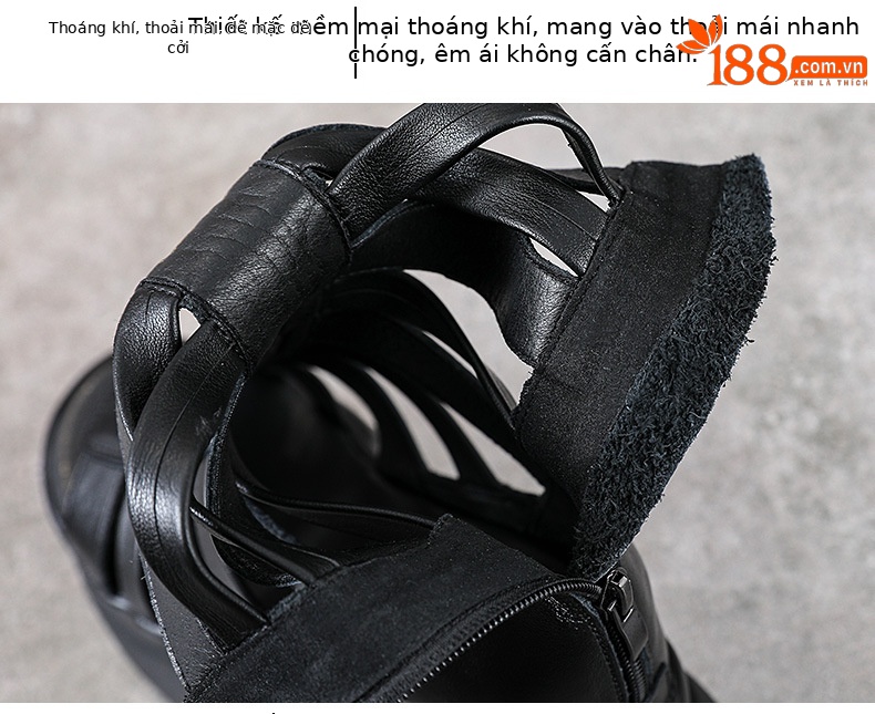 Sandal cao gót nữ da bò thật đế xuồng, mũi hở, gót 9 cm, phong cách La Mã — màu đen chi tiết 6
