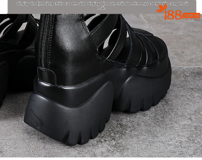 Sandal cao gót nữ da bò thật đế xuồng, mũi hở, gót 9 cm, phong cách La Mã — màu đen chi tiết 8