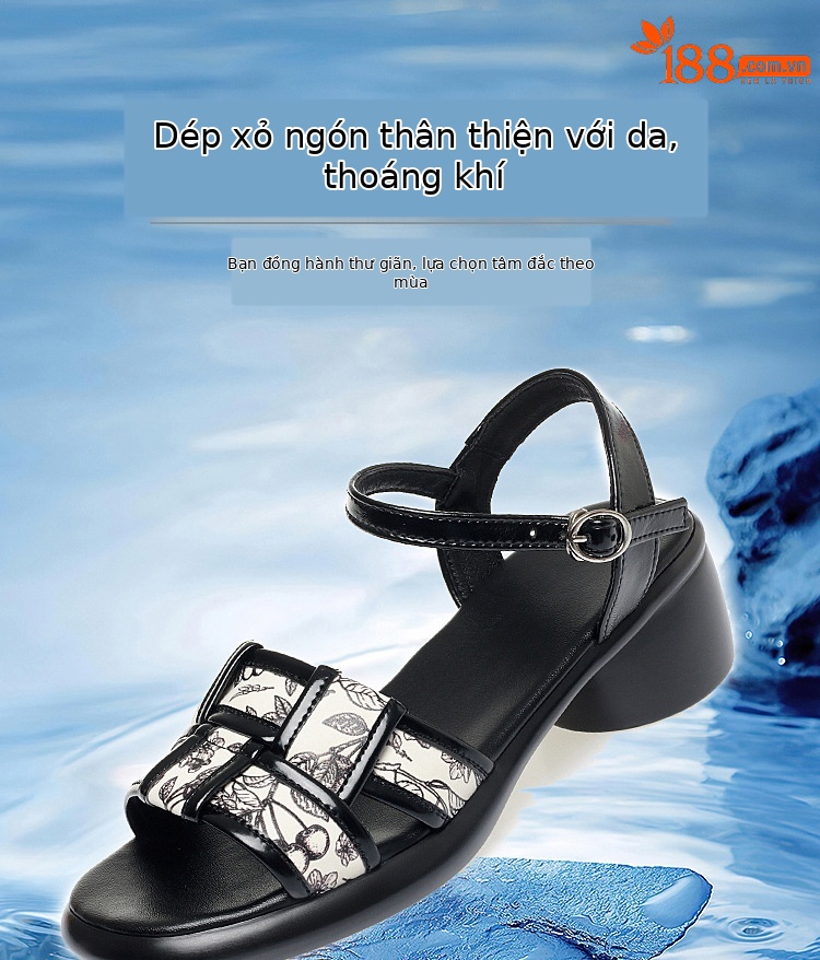 Sandal nữ quai ngang đan dây gót vuông đế dày — màu đen chi tiết 1