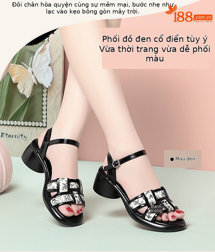 Sandal nữ quai ngang đan dây gót vuông đế dày — màu đen chi tiết 3