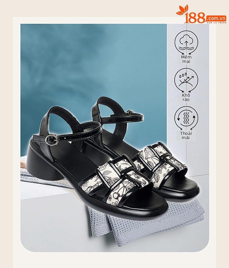 Sandal nữ quai ngang đan dây gót vuông đế dày — màu đen chi tiết 4